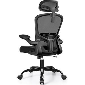Ergonomische bureaustoel, computerstoel, verstelbare lendensteun, 3D-hoofdsteun en inklapbare armleuningen, ademende mesh-rugleuning, 100 kg (zwart)