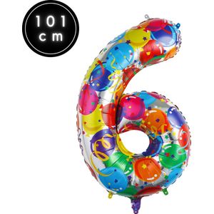 Fienosa Cijfer Ballonnen nummer 6 - Confetti patroon - 101 cm - XL Groot - Helium Ballon- Verjaardag Ballon - Carnaval Ballon
