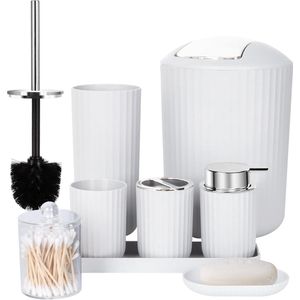 Famanu Badkameraccessoiresets compleet, 8 stuks badkameraccessoireset met prullenbak, zeepdispenser, zeepschaal, tandenborstelhouder, tandenborstelbeker, toiletborstel en Qtip houders, make-upbak, wit