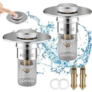 Wastafelstoppers 304 roestvrij stalen pop-up afvoerzeef - 2 stuks - afvoerstop voor 28-34 mm afvoer - wastafelstop met haarzeef - badkamer keuken
