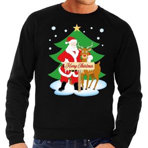 Foute kersttrui / sweater met de kerstman en rendier Rudolf zwart voor heren - Kersttruien XL