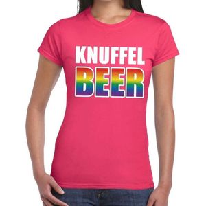 Gay pride knuffelbeer t-shirt - roze shirt met regenboog tekst voor dames - lgbt kleding S