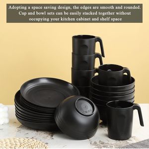 Plastic servies sets 24pcs voor 6, herbruikbare borden en kommen sets, schotel set omvatten diner borden, dessert bord, ontbijtgranen kommen, kopjes voor thuis, tuin, picknick, camping, zwart