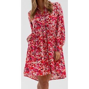 Korte jurk van viscose met kraag | Rood | Maat 44/XXL