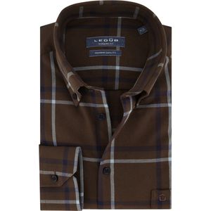 Ledub modern fit overhemd - bruin met blauw geruit flanel - Strijkvriendelijk - Boordmaat: 38