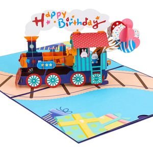 Loha-party®Kinderkaart-Kindertrein Verjaardagskaart-Felicitatie-Kind Happy Birthday Trein-Konijn-dieren-Locomotief Ballonnen-pop-up kaart 3D-wenskaart