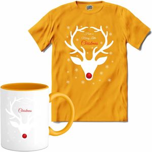 Merry Christmas kerst hert - T-Shirt met mok - Meisjes - Geel - Maat 12 jaar