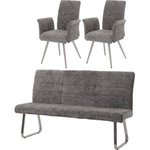 Eetkamerset MCW-G55, set van 2 stoelen met armleuningen + zitbank 180cm, geborsteld roestvrij staal stof/textiel chenille ~ donkergrijs