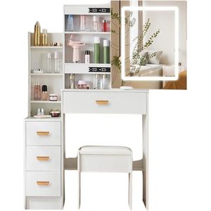CozyLiving Make Up tafel - Kaptafel - Met Spiegel en Verlichting - Make Up Tafel - Met Spiegel en Lampen - Inclusief Stoel - Wit
