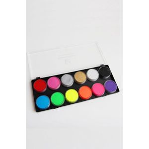 Professioneel schmink palet neon UV fluor en basiskleuren - 12 x 10 gr. - facepaint blacklight fluo schminkpalet fluoriserend