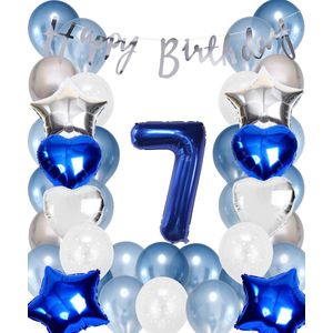 Snoes Ballonnen 7 Jaar Set Mega Blauw Zilver Ballon - Compleet Feestpakket Cijferballon 7 Jaar - Verjaardag Versiering Slinger Happy Birthday – Folieballon – Latex Ballonnen - Helium Ballonnen