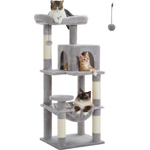 Road Kattenboom met metalen pluche hangmat, kattentoren voor volwassen katten met 2-deurs Condo-huis, 6-traps kattenrekken met krabpalen en grote bovenste zitstang, grijs, 116 cm