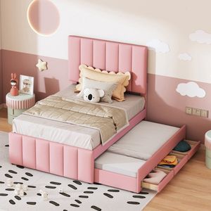 Merax Gestoffeerd Kinderbed 90x200 cm met Extra Uitschuifbaar Eenpersoonsbed en Opberglades – Roze – Tienerbed met Verstelbaar Hoofdbord