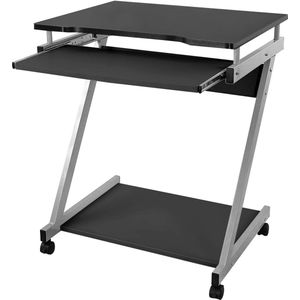 Bureau, computertafel met 4 wielen, 2 daarvan met remmen, pc-tafel, lichtlopende toetsenbordlade, eenvoudige montage, ruimtebesparende pc-tafel in Z-vorm, zwart