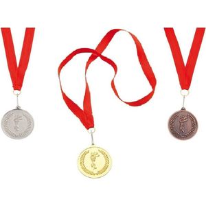 3x stuks sportprijzen medailles goud/zilver/brons aan rood halslint - sportdag