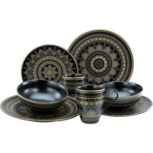 23587 serie Mandala Gold - zwart 8-delige serviesset combiservies van aardewerk vaatwasser- en magnetronbestendig kwaliteitsproductie met gratis verzending