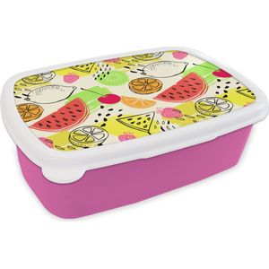 Broodtrommel Roze - Lunchbox - Brooddoos - Fruit - Kleuren - Geel - Groen - 18x12x6 cm - Kinderen - Meisje