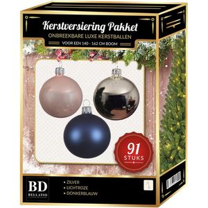 Kerstballen set 91-delig voor 150 cm boom - zilver/donkerblauw/lichtroze Kerstversiering