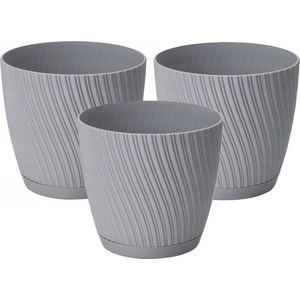 Form Plastic Plantenpot/bloempot Waves - 3x - kunststof - platina grijs - D19 x H17 cm - met opvang schotel - rond