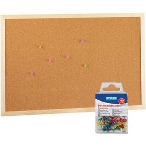 Prikbord/memobord naturel kurk inclusief 40 gekleurde punaises 60 x 40 cm