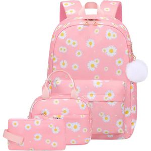 Ultiluxe® Rugzak met margrietjes 3 stuks - Roze/wit - 30 x 20 x 43 cm - Rugtas met bloemenprint - Tas, lunchtas, etui - 15.6 inch laptoptas - Meiden school tassen set - 26 L - Schoolrugzak voor kinderen - Schooltas met bloemen voor meisjes