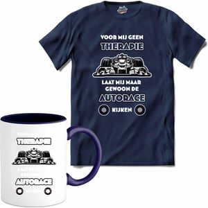 Voor mij geen therapie, laat mij maar gewoon de autorace kijken - Formule 1 - F1 race kleding - autorace cadeau - T-Shirt met mok - Dames - Navy Blue - Maat 3XL