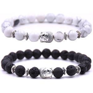 Armband heren / dames - met buddha bedel - Kralen armband boedha - Chakra armband - Cadeau voor hem of haar - Armbandenset 2 bandjes - Wit marmer & vulkanisch zwart