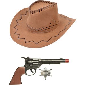 Carnaval verkleed hoed voor een cowboy - bruin - polyester - heren/dames - incl. pistool