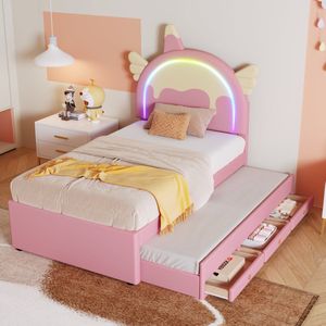 90x200cm cartoon kinderbedje - eenhoorn vormig - voorzien van uitschuifbaar uitschuifbed - PU materiaal - roze - zonder matras