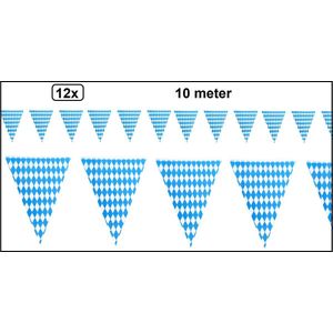 12x Vlaggenlijn Oktoberfest ruit blauw/wit 10 meter - 2 kleur - Tiroler bier feest oktoberfeest Oostenrijk Apres ski blauw wit