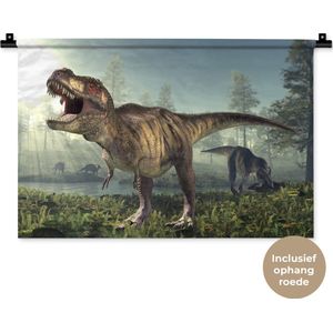 Wandkleed Dinosaurus illustratie - Een computerillustratie van een Tyrannosaurus in een veld Wandkleed katoen 60x40 cm - Wandtapijt met foto