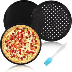 Set van 3 pizzaplaten, rond, 32 cm, rond en geperforeerd, antiaanbaklaag, pizzaplaat met olieborstel, koolstofstaal, pizzapan voor bakken, bakplaat voor het gezin, keuken, oven
