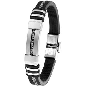 Lucardi Heren Armband zwart silliconen - Staal - Armband - Cadeau - Vaderdag - 19 cm - Zilverkleurig