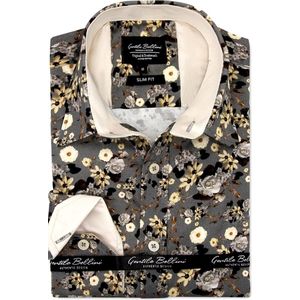 Heren Overhemd - Slim Fit - Spring Floral Satijn - Grijs - Maat M