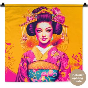 Wandkleed 60x60 cm - Wanddoek Bloemen - Vrouw - Kimono - Roze - Wandtapijt - Wandkleden