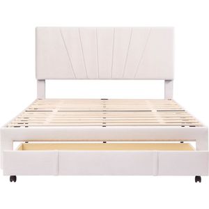 Merax Gestoffeerd Bed 140x200 cm - Tweepersoonsbed met Lade - Fluwelen Dubbelbed met Opbergruimte - Beige