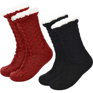 JAXY Huissokken - Huissokken Dames en Heren - Verwarmde sokken - Anti Slip Sokken - Fleece Sokken - Dikke Sokken - Fluffy Sokken - Slofsokken - Warme Sokken - Bedsokken - Gevoerde Sokken - Winter Sokken - 2 Paar - Zwart en Rood