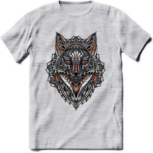 Vos - Dieren Mandala T-Shirt | Oranje | Grappig Verjaardag Zentangle Dierenkop Cadeau Shirt | Dames - Heren - Unisex | Wildlife Tshirt Kleding Kado | - Licht Grijs - Gemaleerd - XXL