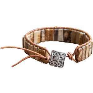 Marama - armband Desert Stones - lichtbruin leer - bruine jaspis edelstenen - 20 cm.