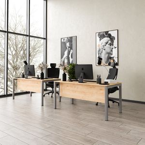 Furni24 Tetra bureau, bureautafel 180 x 80 x 75 cm, homeoffice, saffier eiken decor/zilver RAL 9006, tafel inclusief kabelgoot