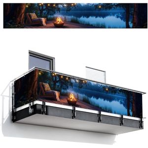 Balkonscherm 500x85 cm - Balkonposter Kampvuur - Meer - Avondlicht - Balkon scherm decoratie - Balkonschermen - Balkondoek zonnescherm