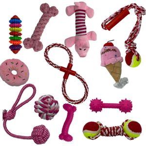 Honden speelgoed - Puppy speelgoed - 12 stuks - Roze - Honden knuffel - Trektouw - Honden speeltjes - Dierendag