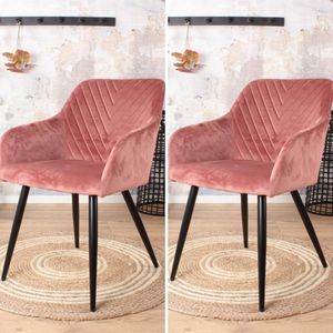 Eetkamerstoel Gaby - stoel - armstoel - industrieel - velvet - velours - fluweel - roze - zwart metaal - met armleuning - set van 2
