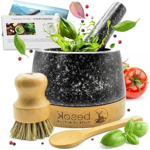 Natuurlijke Granieten Vijzel met Stamper - Inclusief Houten Lepel en Receptenboekje - 350 ml