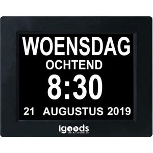 Igoods Dementieklok Inclusief Fotoframe - Digitale Klok - Kalenderklok - 8 Talen - Zwart