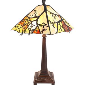 HAES DECO - Tiffany Tafellamp Ø 36x57 cm Beige Bruin Glas Metaal Tiffany Bureaulamp Tiffany Lampen Glas in Lood