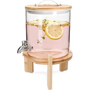 Navaris glazen limonadetap met kraantje - Drankdispenser met houten standaard - Sapdispenser -Voor koude en warme dranken - 5L - Voor feestjes