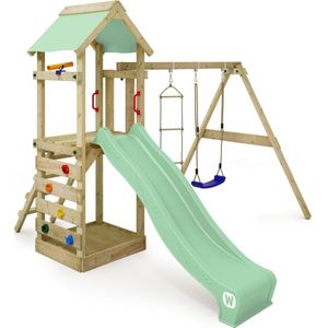 WICKEY speeltoestel klimtoestel FreeFlyer met schommel en pastelgroene glijbaan, outdoor speeltoestel voor kinderen met zandbak, ladder en speelaccessoires voor de tuin
