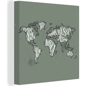 Canvas Wereldkaart - 50x50 - Wanddecoratie Wereldkaart - Grijs - Wit - Letters