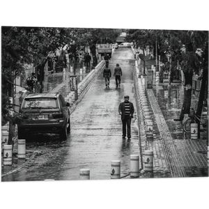 WallClassics - Vlag - Man wandeldn door Dorpje (zwart/wit) - 80x60 cm Foto op Polyester Vlag
